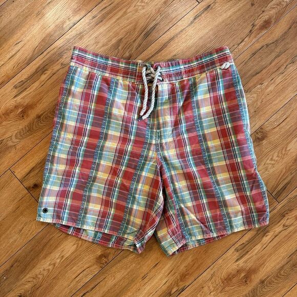 Men's Polo Ralph Lauren Drawstring Patch Work Swim Shorts Plaid Size Large - Picture 1 of 5